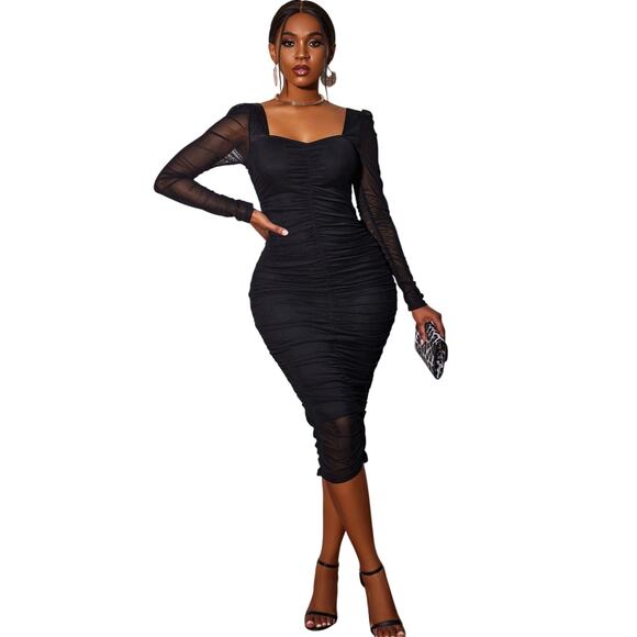 Black Mesh Ruched Bodycon Midi Dress - Picture 5 of 7